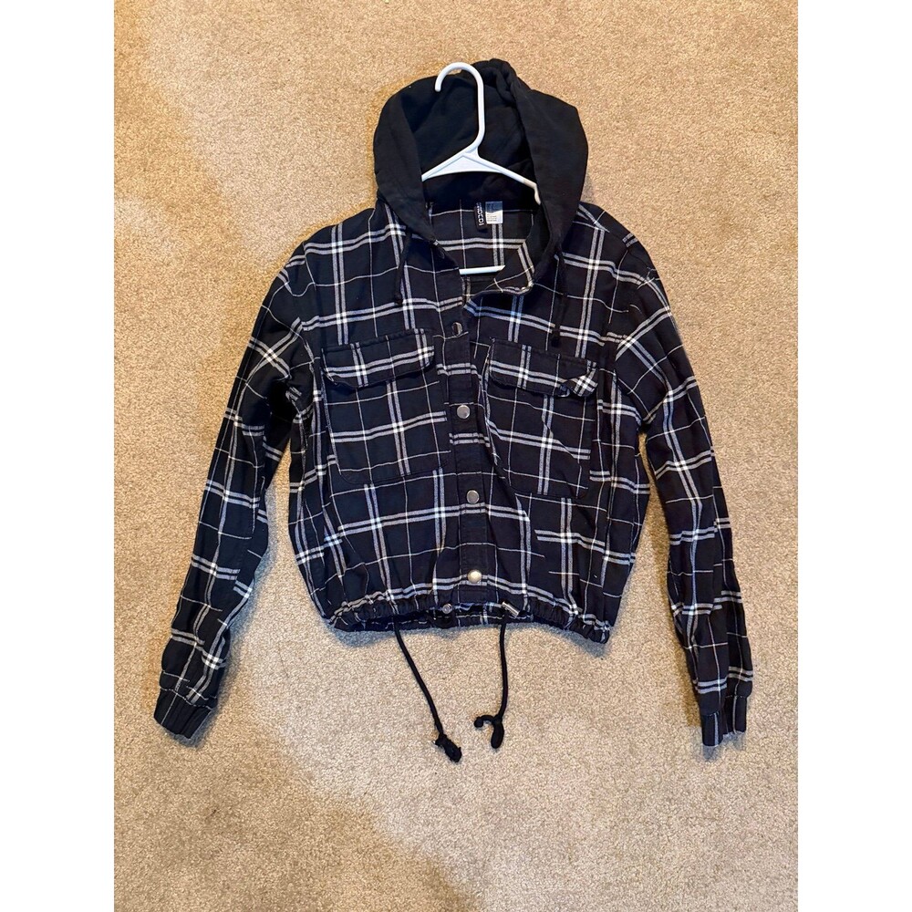 Juniors Divided H&M Cinched Bottom Black & White Plaid Button Jacket